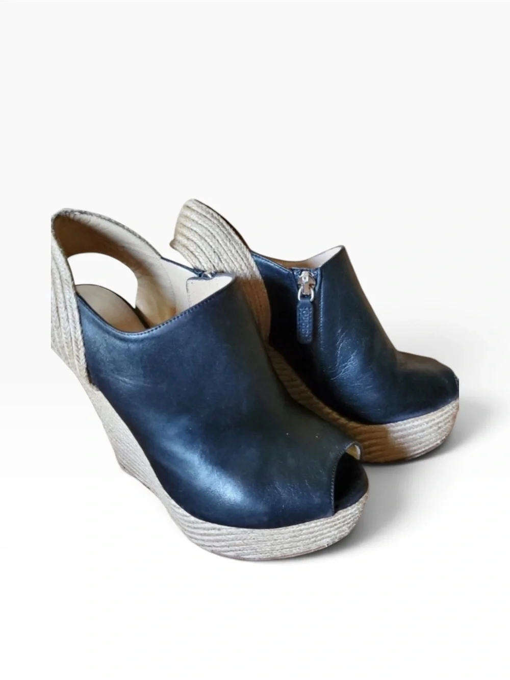 Gucci Black Leather Peep-Toe Espadrille Wedge